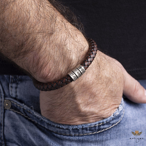 Men's Leather Bracelet, Magnetic Closure, Engraved Beads, Gift for Him
