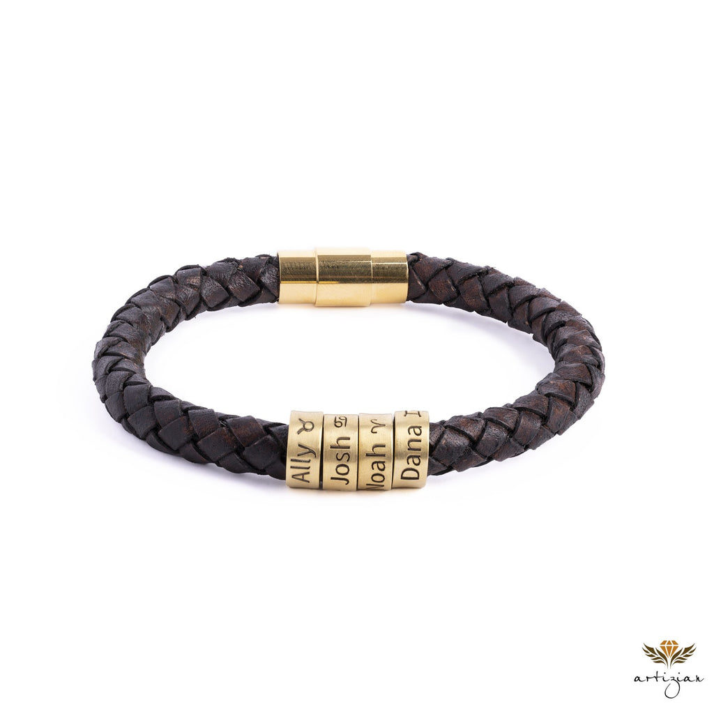 Men's Leather Bracelet, Magnetic Closure, Engraved Beads