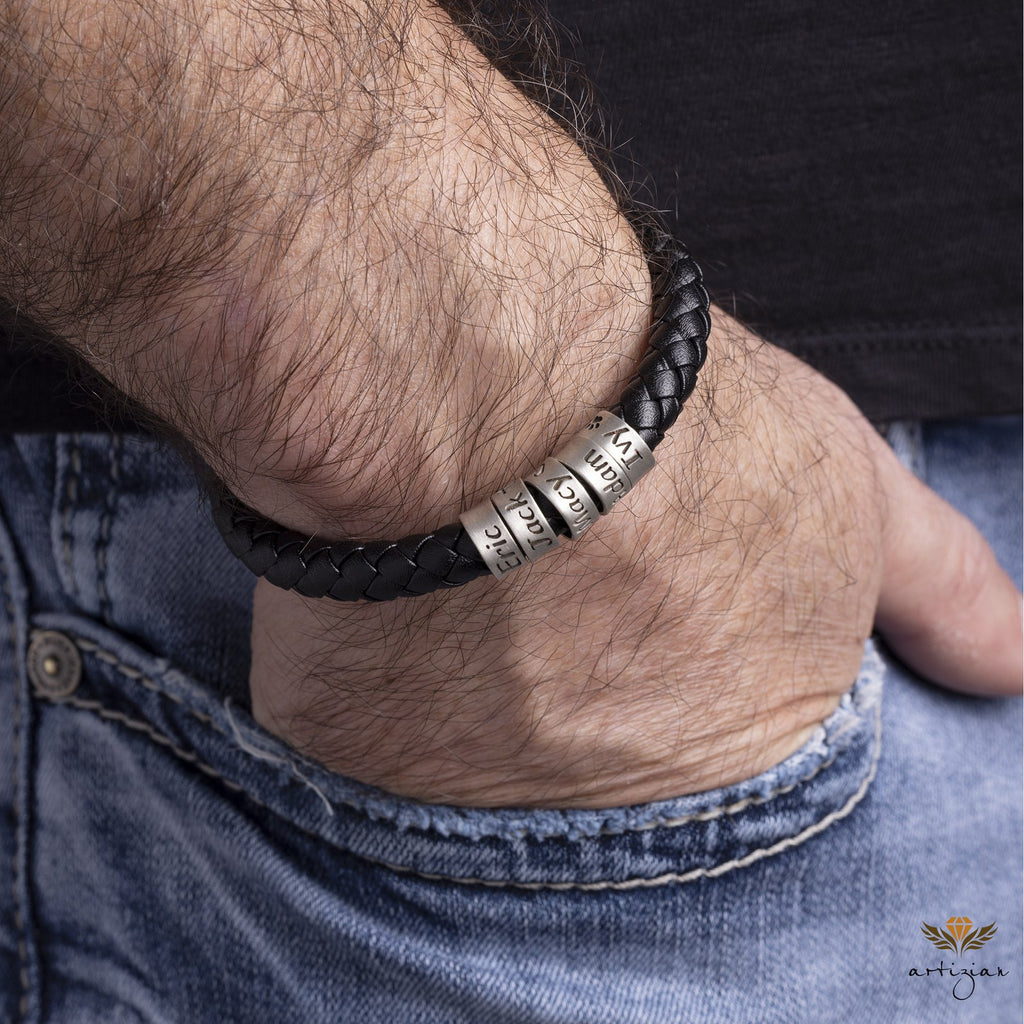 Men's Leather Bracelet, Magnetic Closure, Engraved Beads
