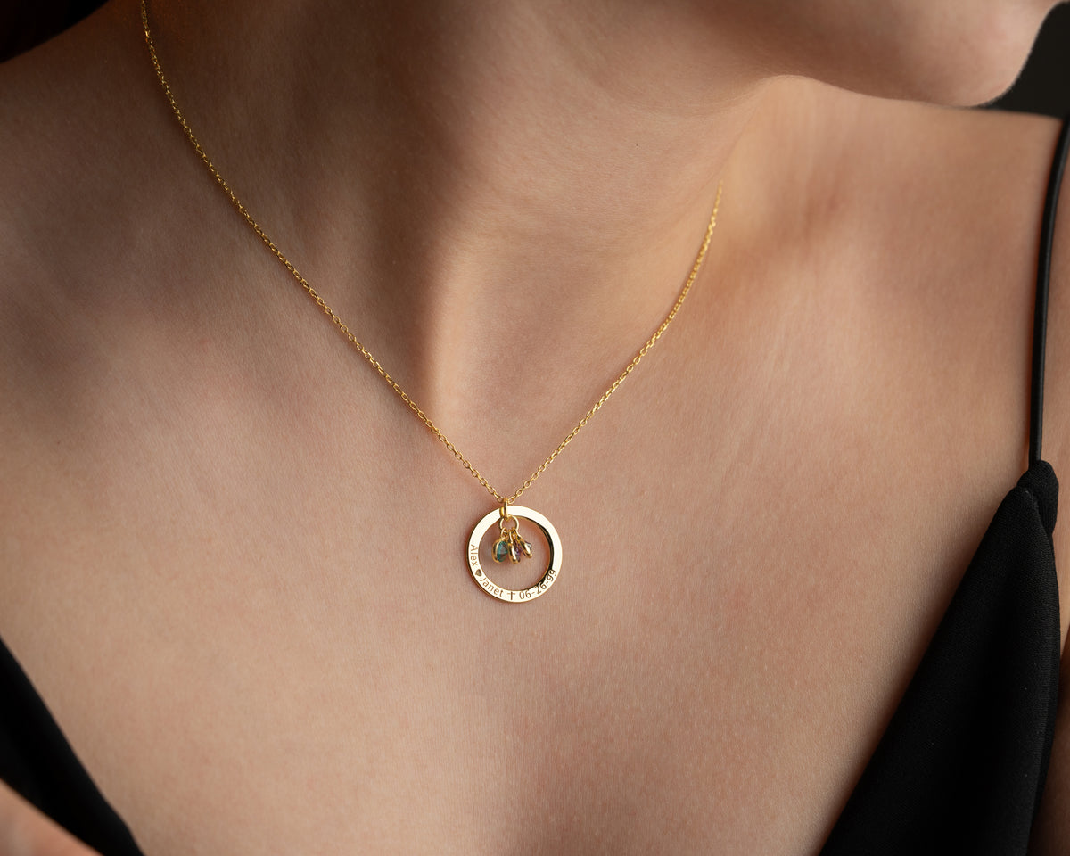 Engraved 925 sterling silver pendant necklace with birthstones, made to order