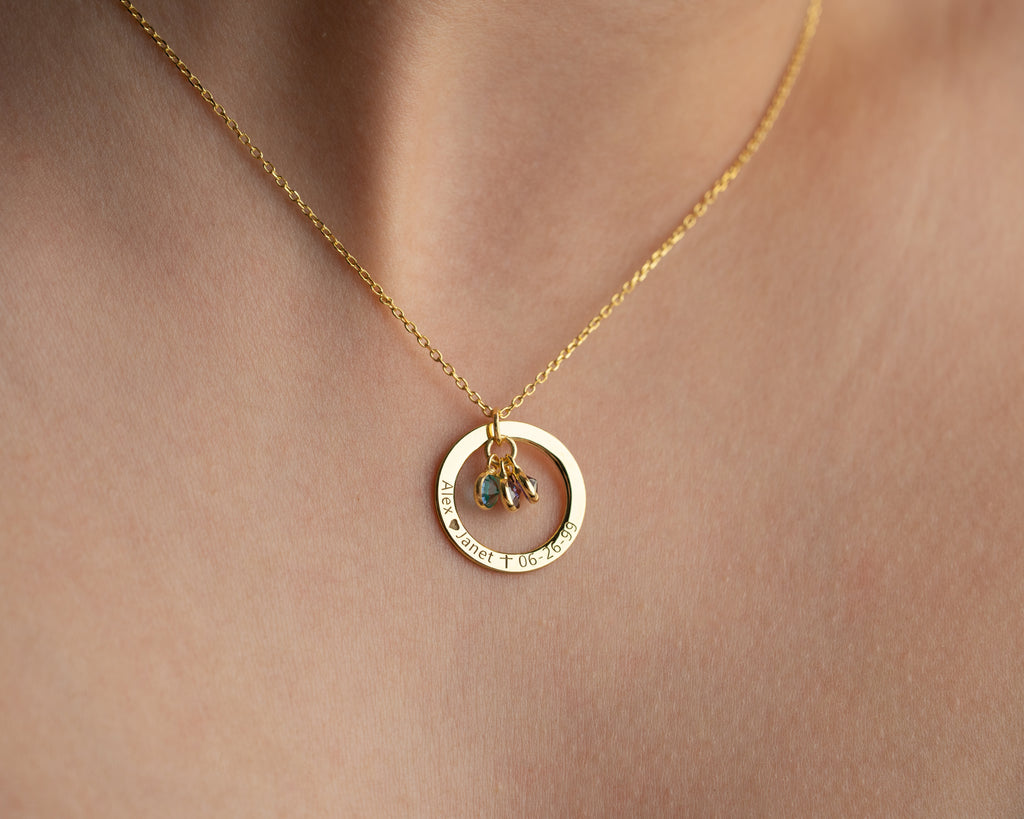 Engraved 925 sterling silver pendant necklace with birthstones, crafted in the Artizian studio