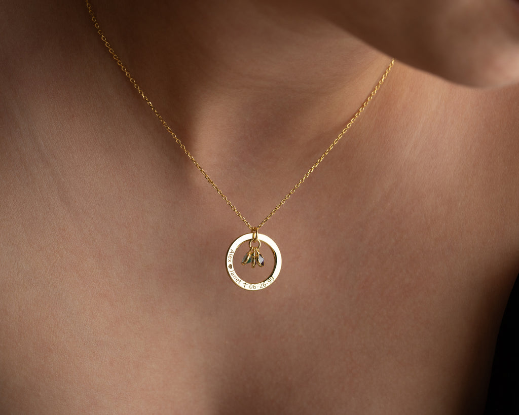 Engraved 925 sterling silver pendant necklace with birthstones, a personalized jewelry gift