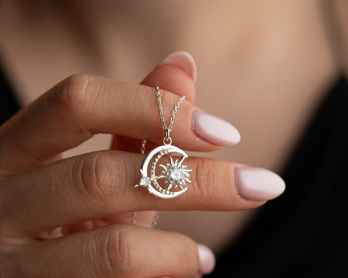 Personalized moon and sun celestial necklace, crafted in the Artizian studio