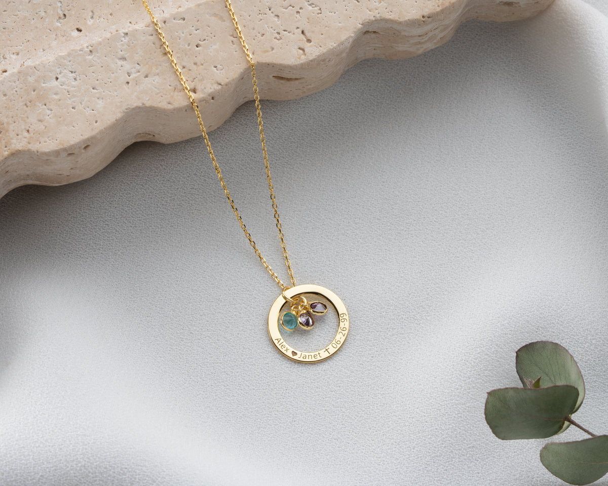 Engraved 925 sterling silver pendant necklace with birthstones, crafted in the Artizian studio