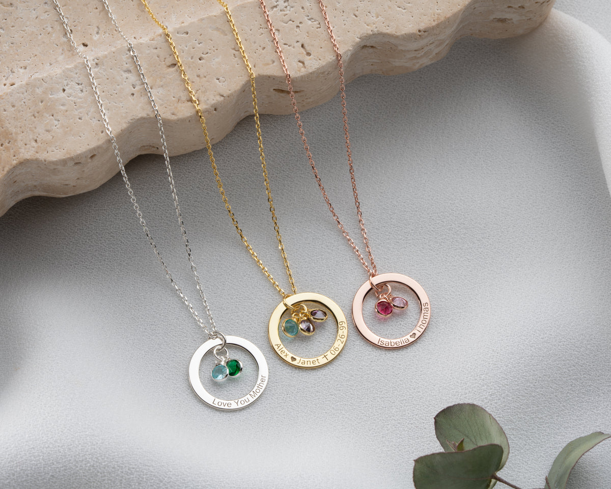Engraved 925 sterling silver pendant necklace with birthstones, Artizian handmade jewelry since 1999