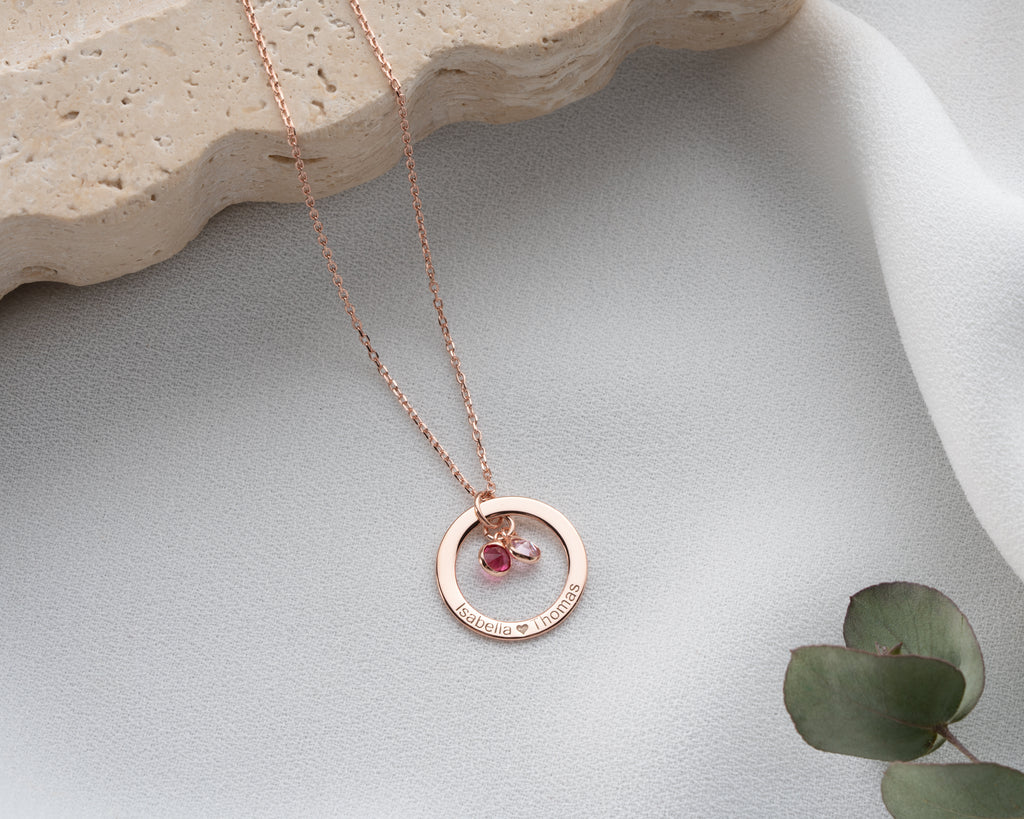 Engraved 925 sterling silver pendant necklace with birthstones, handmade by Artizian