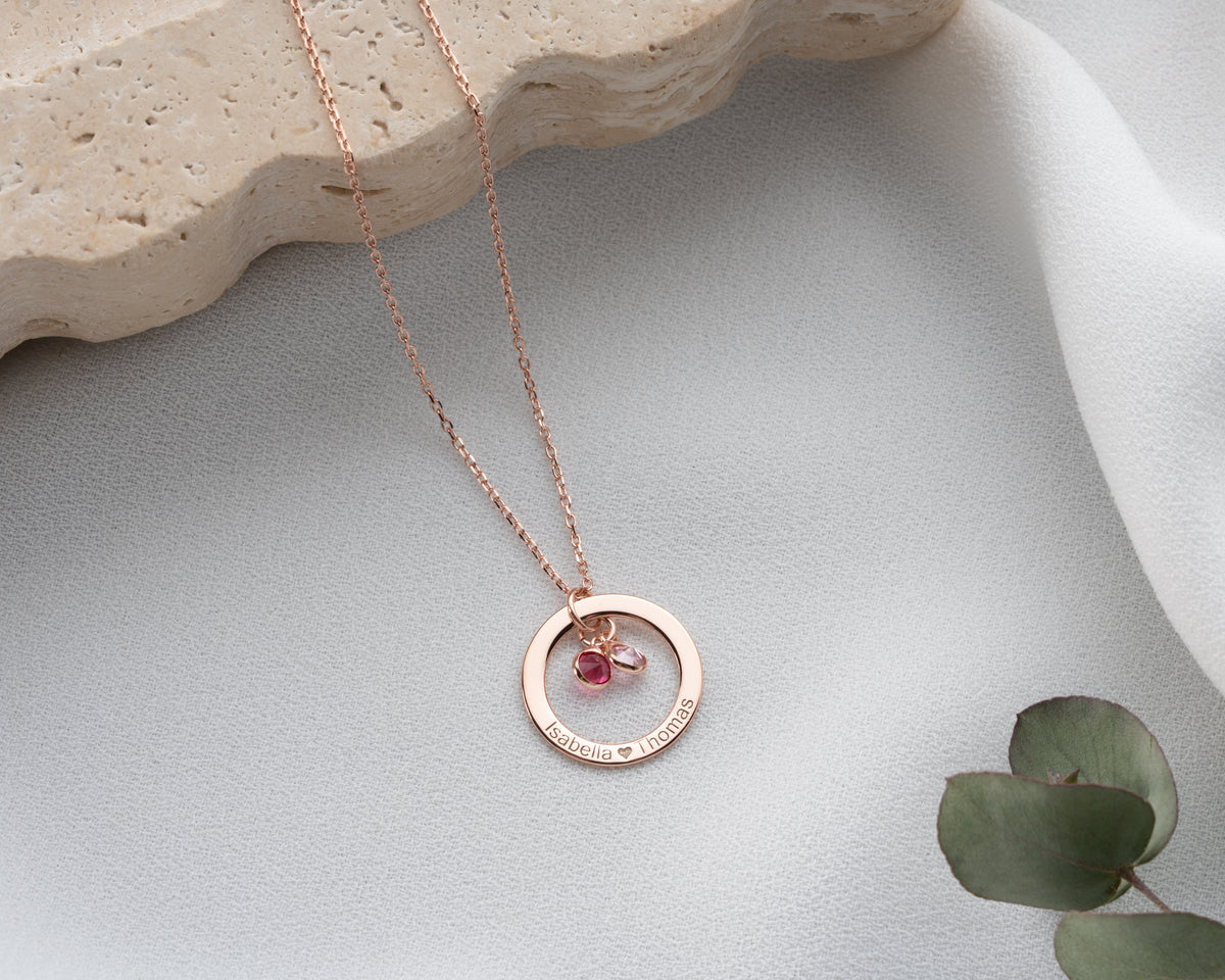 Engraved 925 sterling silver pendant necklace with birthstones, handmade by Artizian