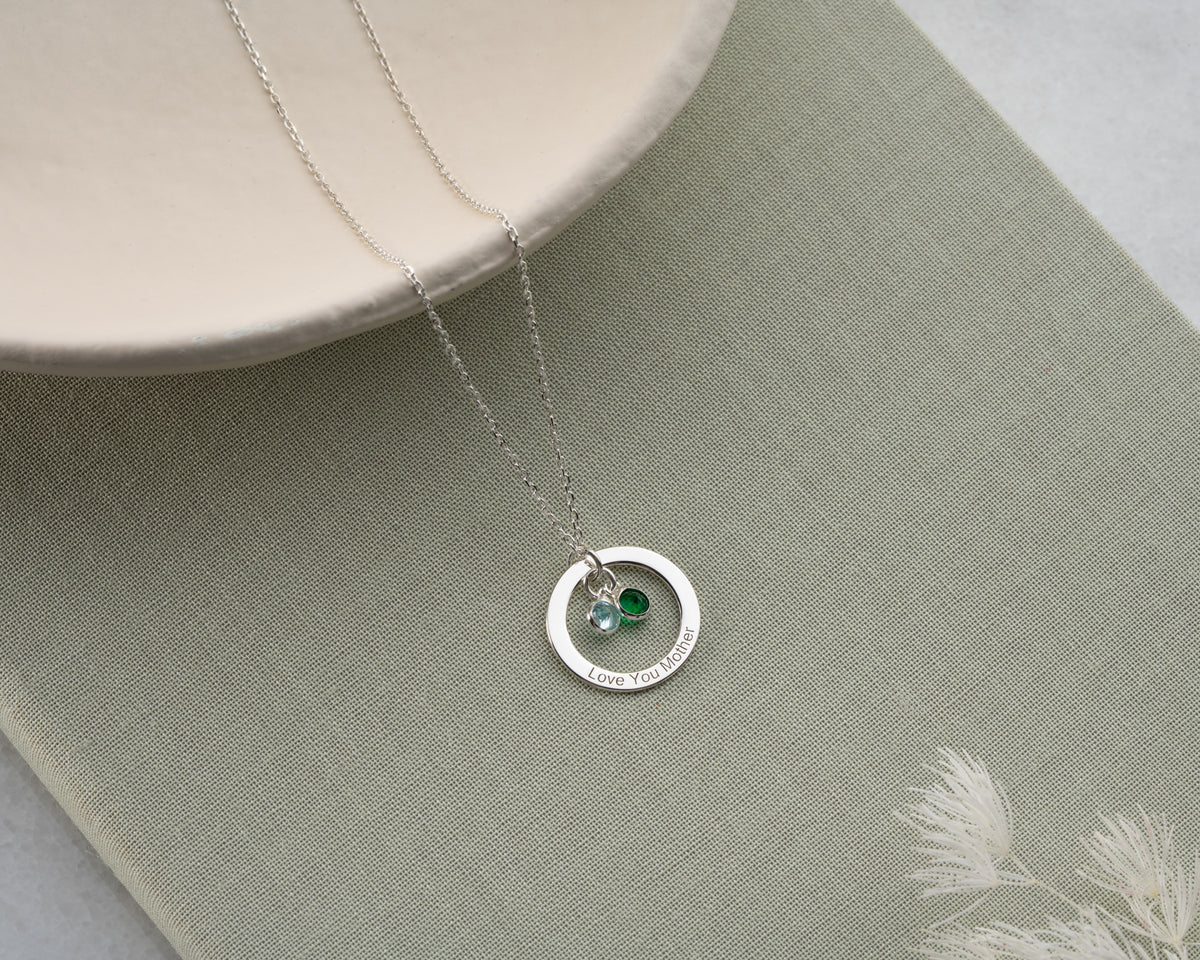 Engraved 925 sterling silver pendant necklace with birthstones, crafted in the Artizian studio