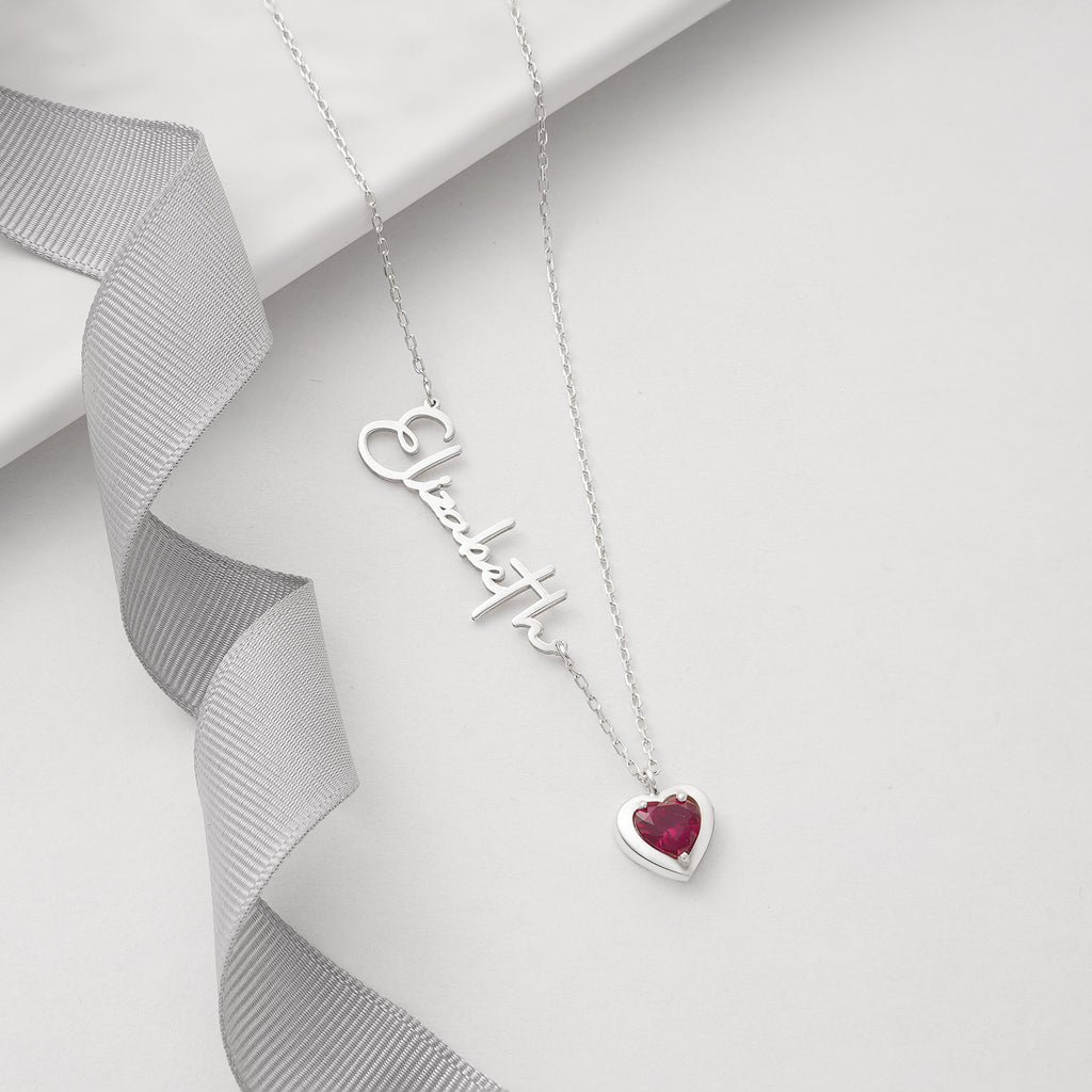 Name necklace with heart birthstone charm, crafted in the Artizian studio