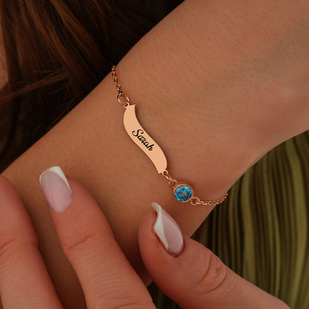 Wavy charm name bracelet with birthstone, made to order