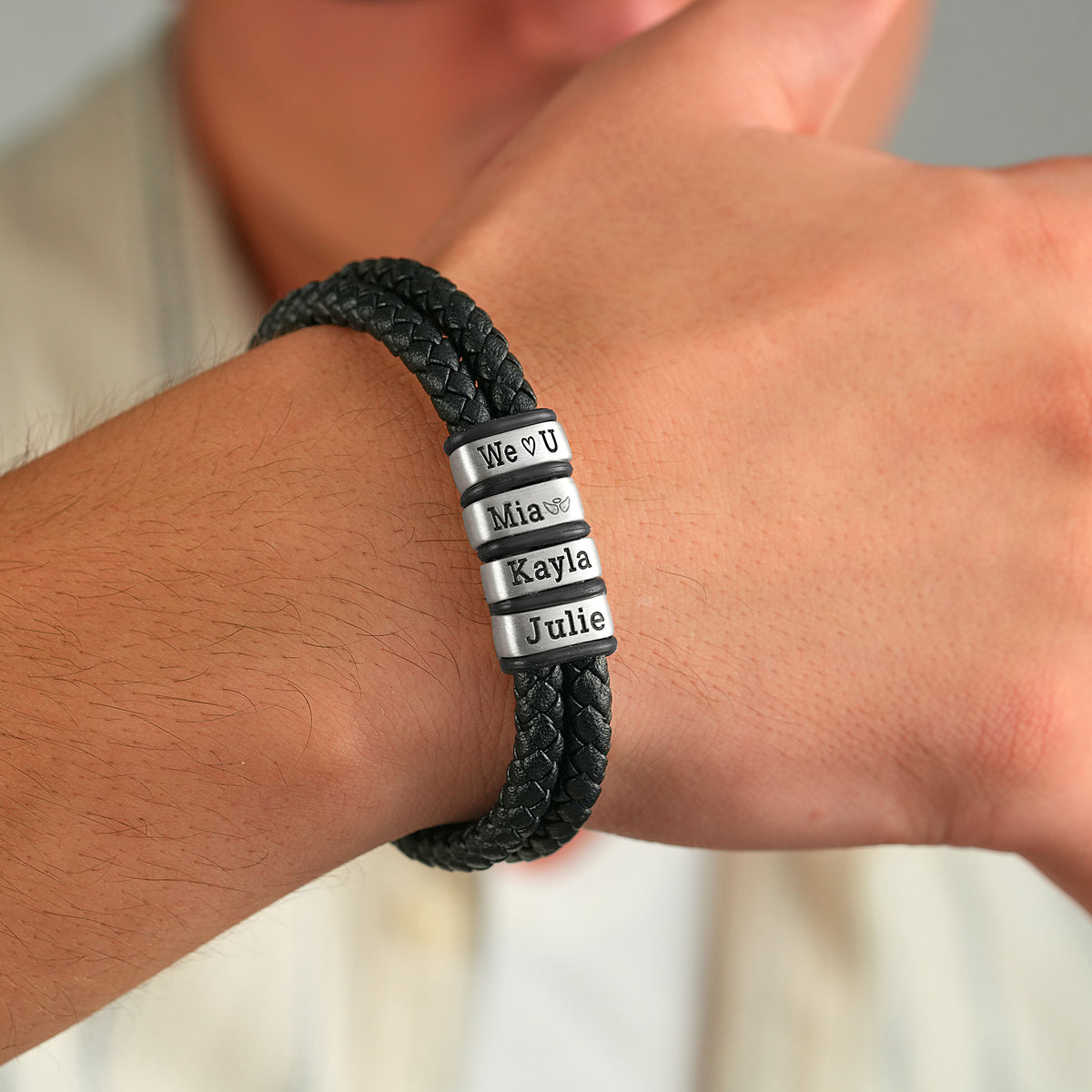 6mm double-strand men's leather bracelet with engraved beads, Artizian handmade jewelry since 1999