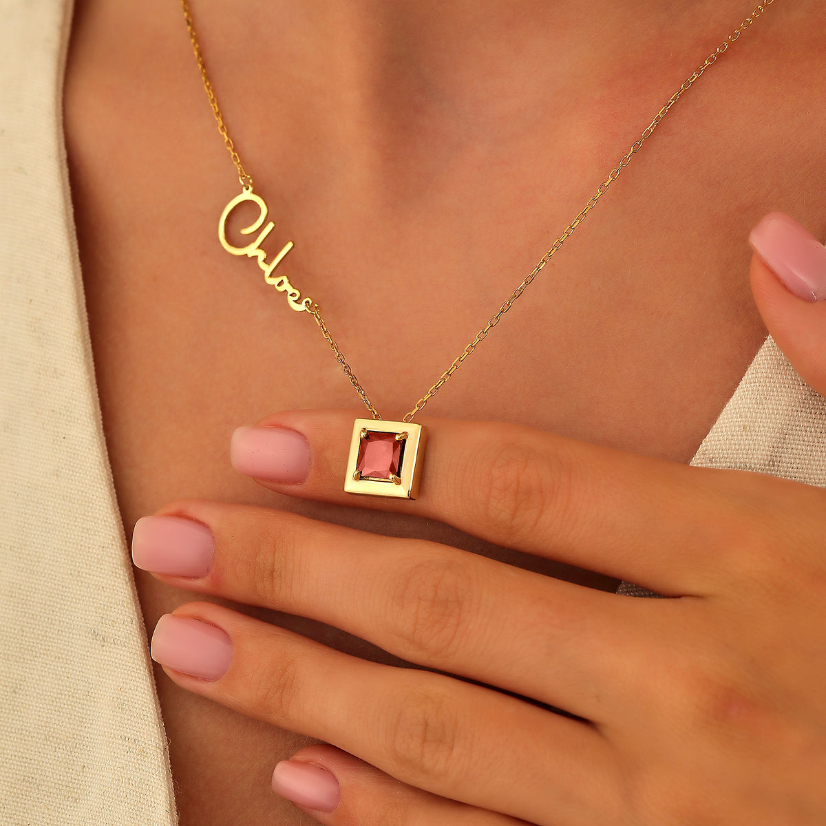 Name necklace with square birthstone charm, handmade by Artizian