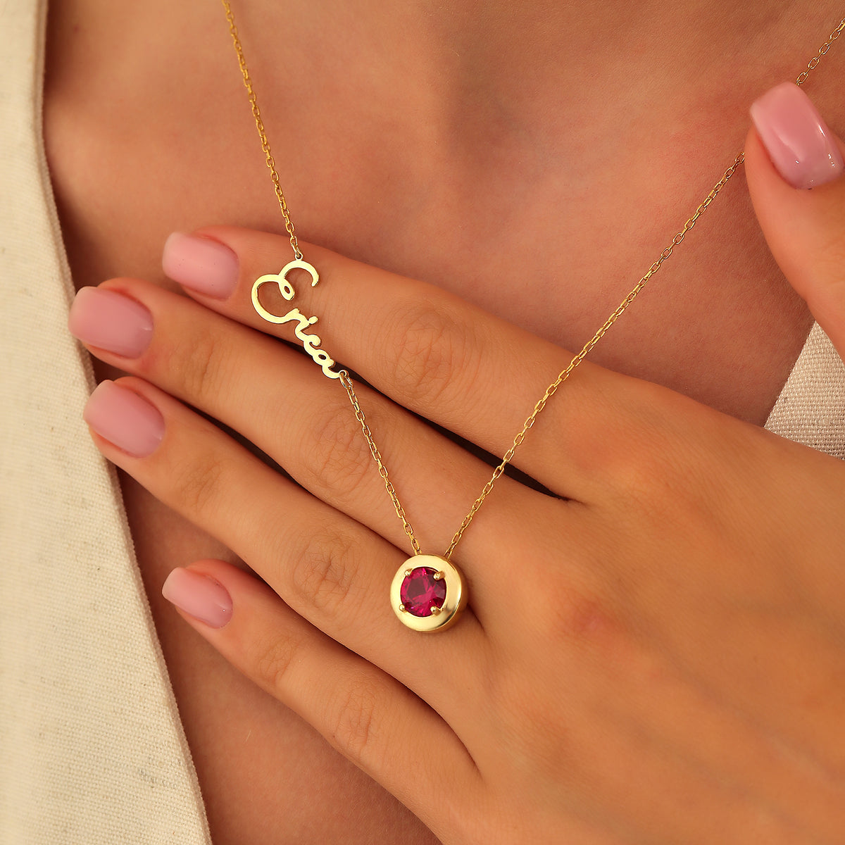 Name necklace with circle birthstone charm, made to order