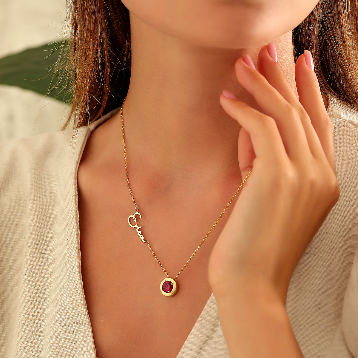 Name necklace with circle birthstone charm, handmade by Artizian