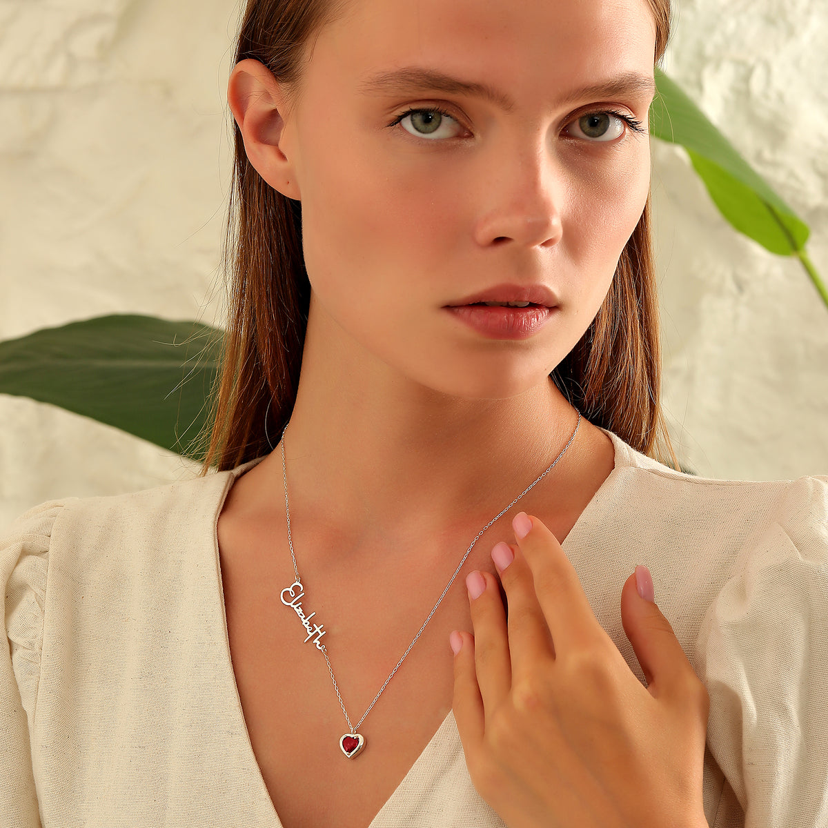Name necklace with heart birthstone charm, handmade by Artizian