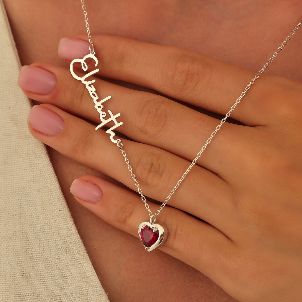 Name necklace with heart birthstone charm, made to order