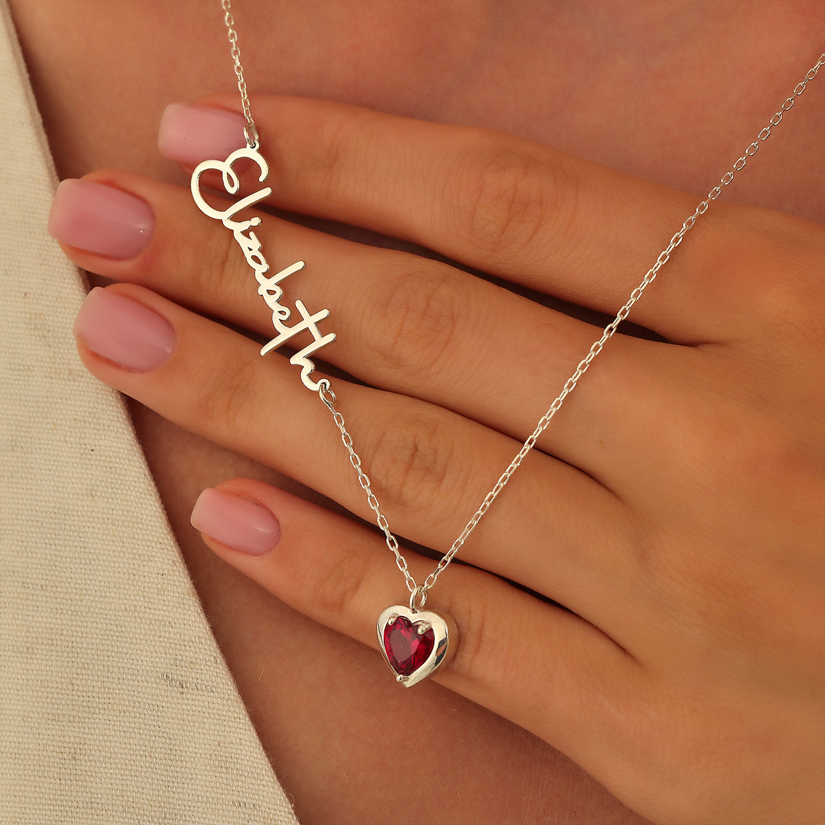 Name necklace with heart birthstone charm, made to order