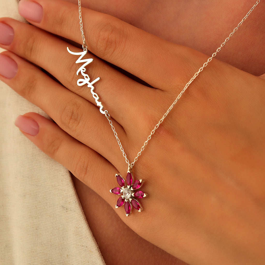 Name necklace with birth flower birthstone charm, made to order