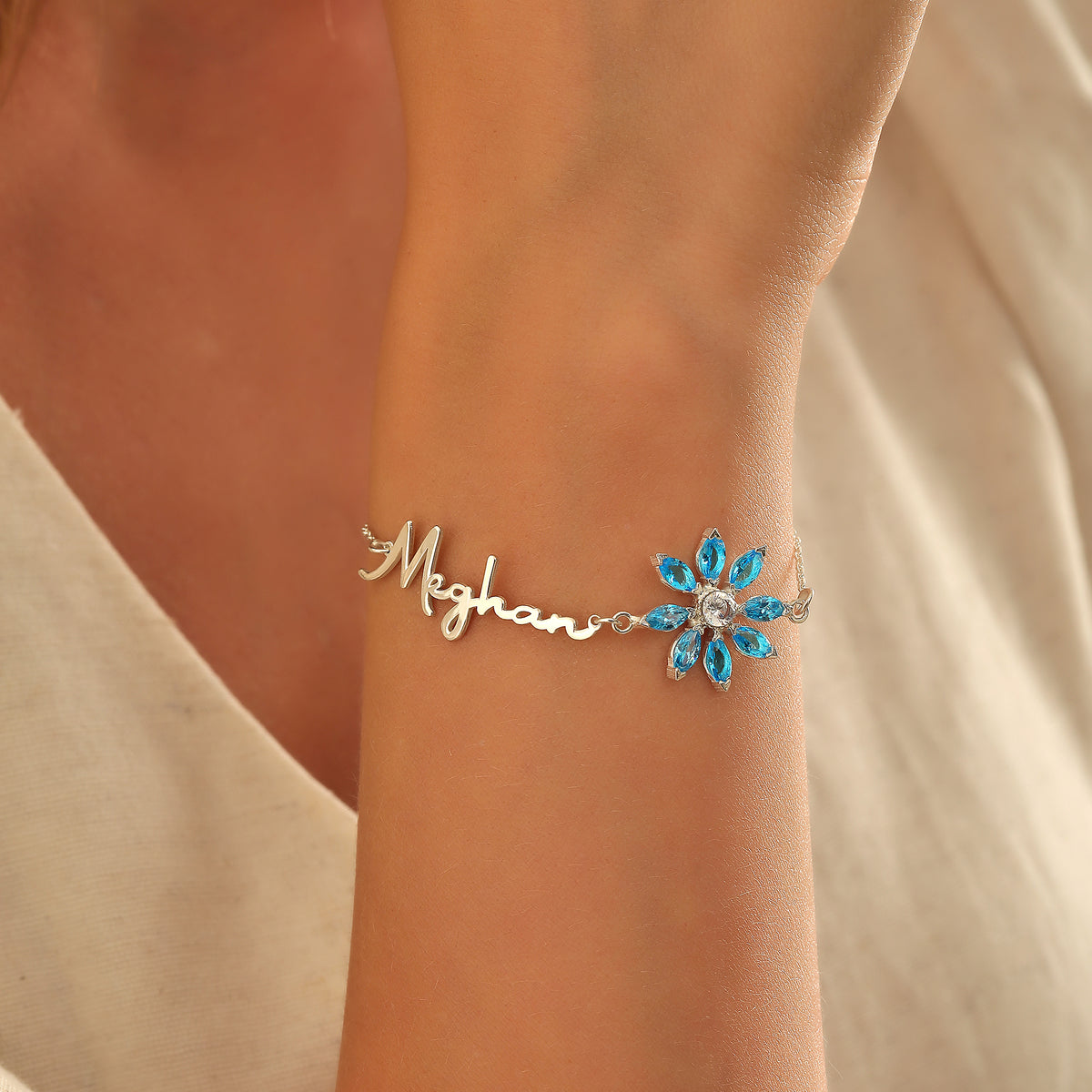 Name bracelet with birth flower birthstone charm, Artizian handmade jewelry since 1999