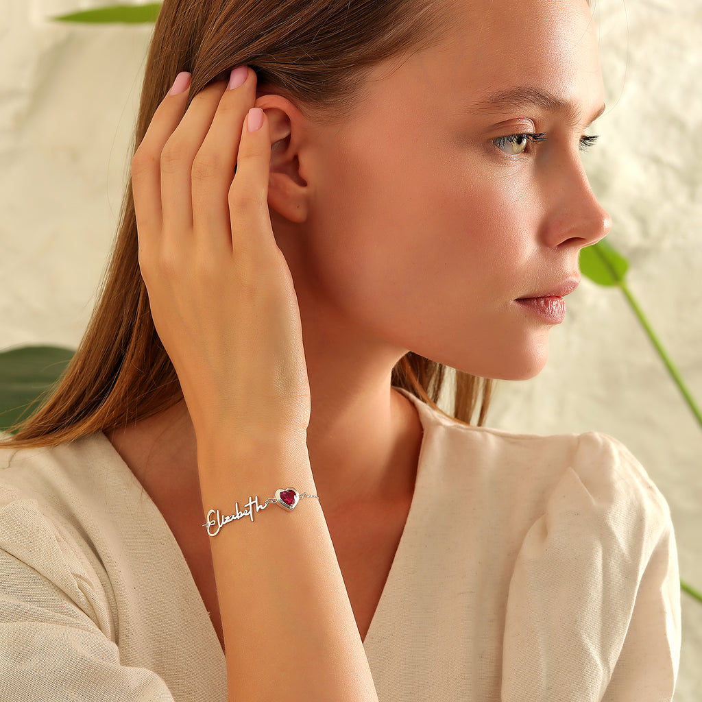 Script name bracelet with birthstone, handmade by Artizian
