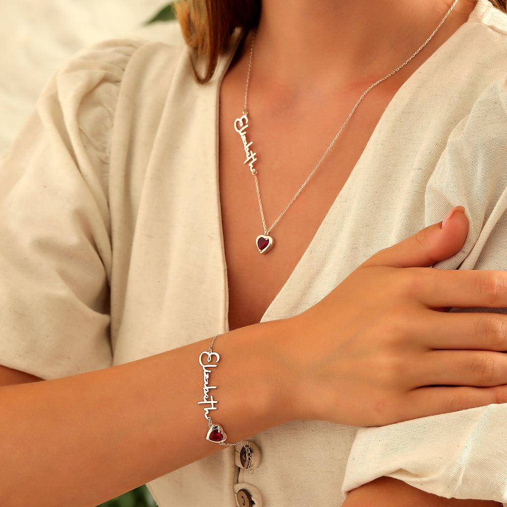 Heart charm birthstone name bracelet, handmade by Artizian