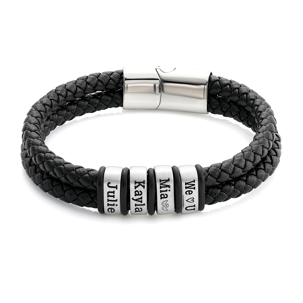 6mm double-strand men's leather bracelet with engraved beads, made to order