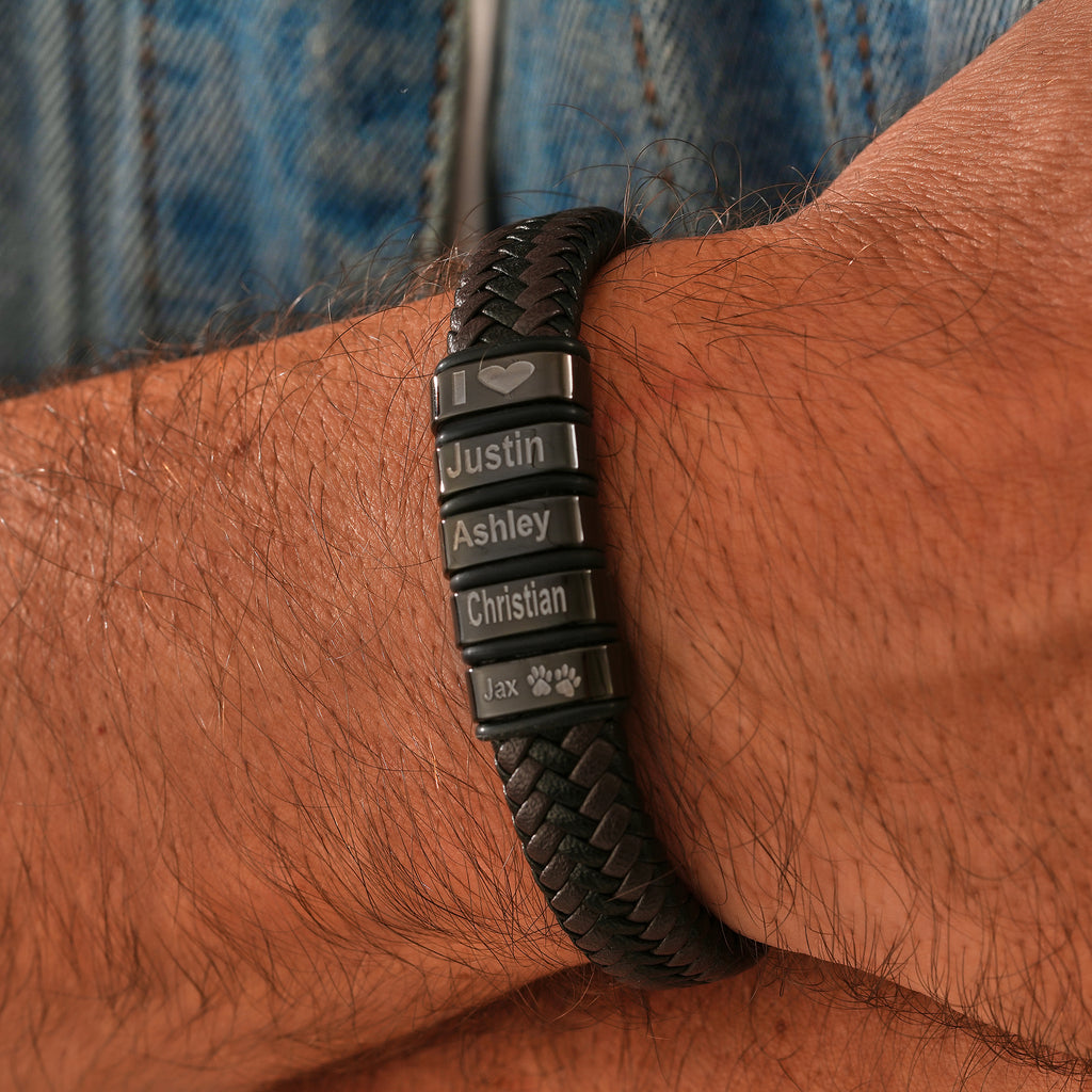 12mm men's leather bracelet with engraved steel beads and magnetic clasp, Artizian handmade jewelry since 1999