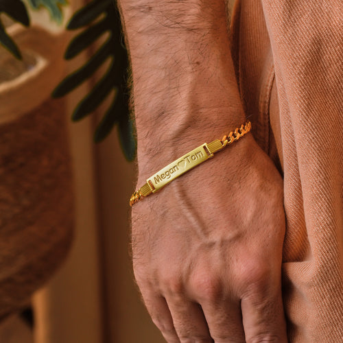 Men's sterling silver Cuban curb chain ID bracelet with engraved name plate, handmade by Artizian