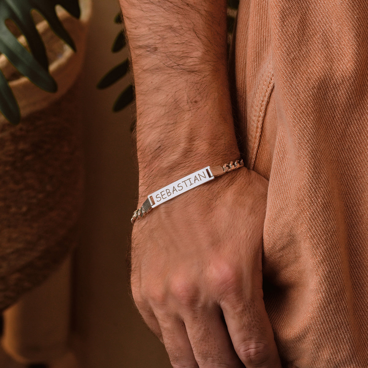 Men's sterling silver Figaro ID bracelet with engraved name plate, Artizian handmade jewelry since 1999