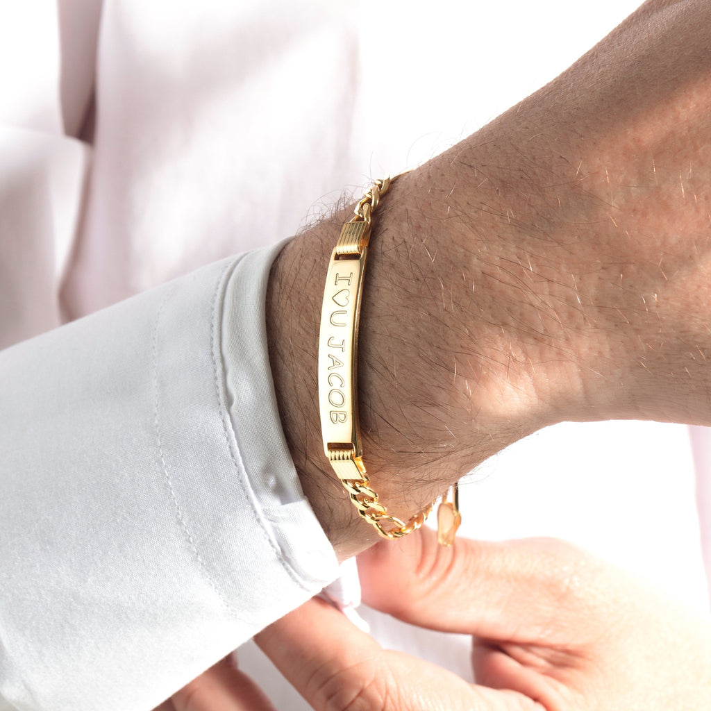 Gold Cuban curb chain ID bracelet engraved I love u Jacob