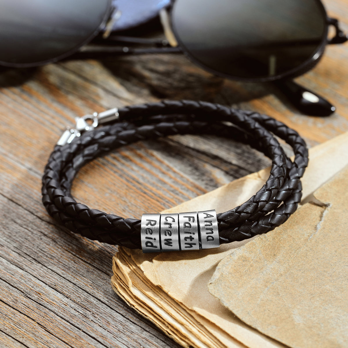 Men's leather wrap bracelet with personalized engraved beads, made to order