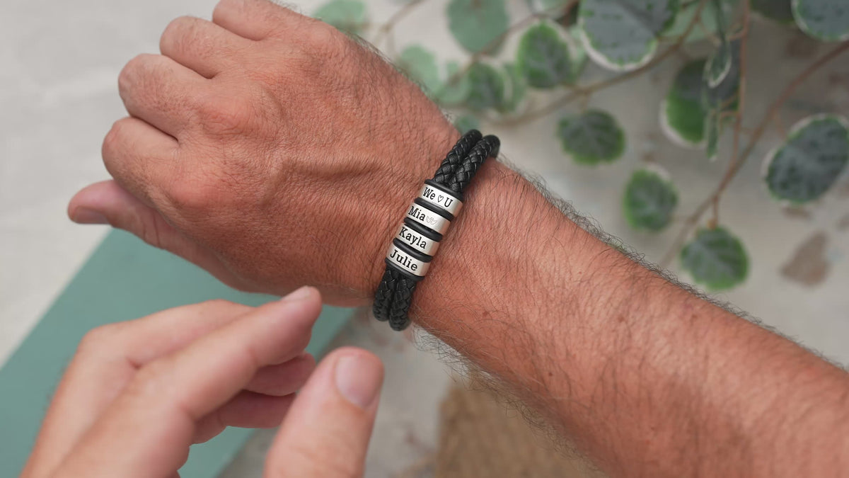 Video of Leather Bracelet for Men with Engraved Beads, handmade and engraved by Artizian