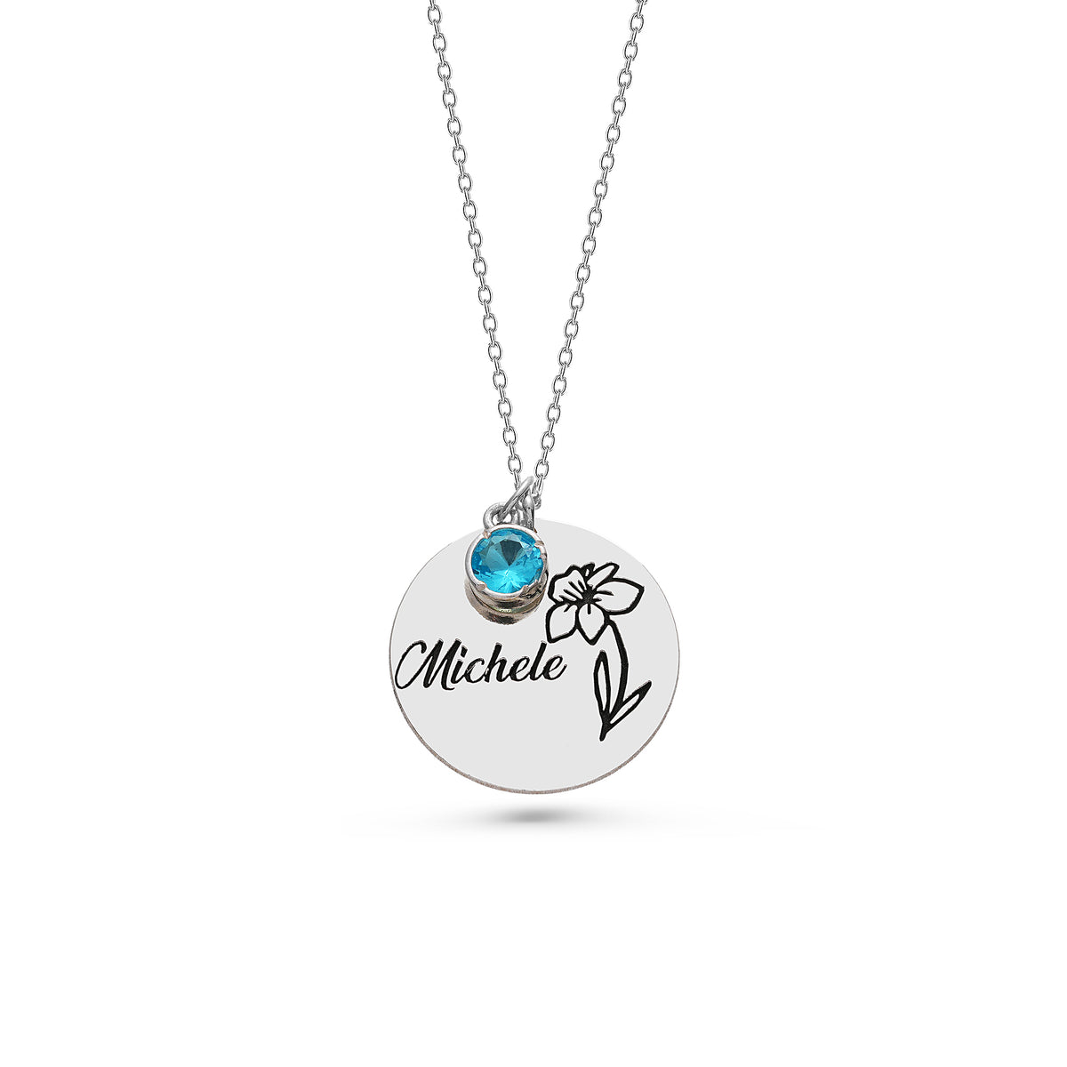 Personalized birth flower name necklace with birth month pendant, crafted in the Artizian studio