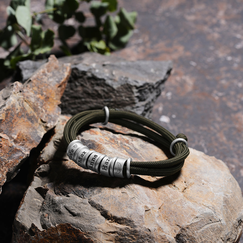 Men's paracord bracelet with personalized engraved beads, made to order