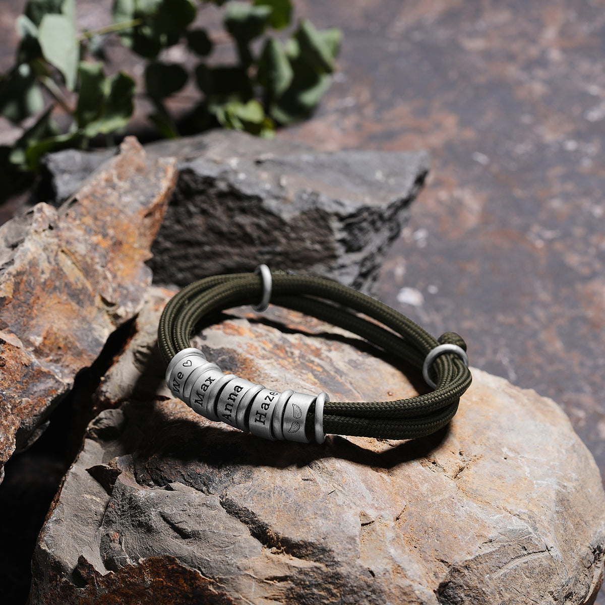 Men's paracord bracelet with personalized engraved beads, made to order