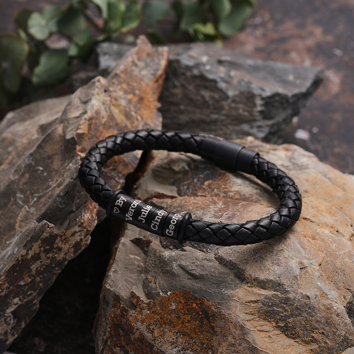 Men's Leather Bracelet, Magnetic Closure, Engraved Beads