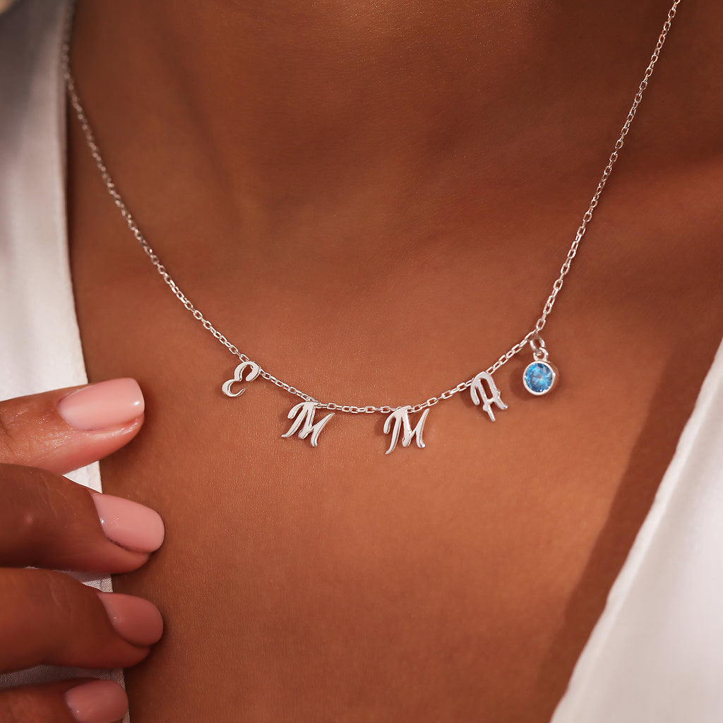 Birthstone letter initial necklace in 925 sterling silver, handmade by Artizian