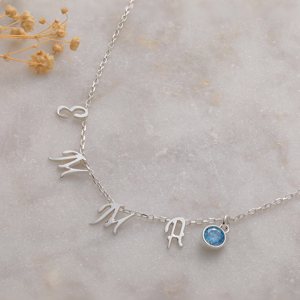Birthstone letter initial necklace in 925 sterling silver, Artizian handmade jewelry since 1999