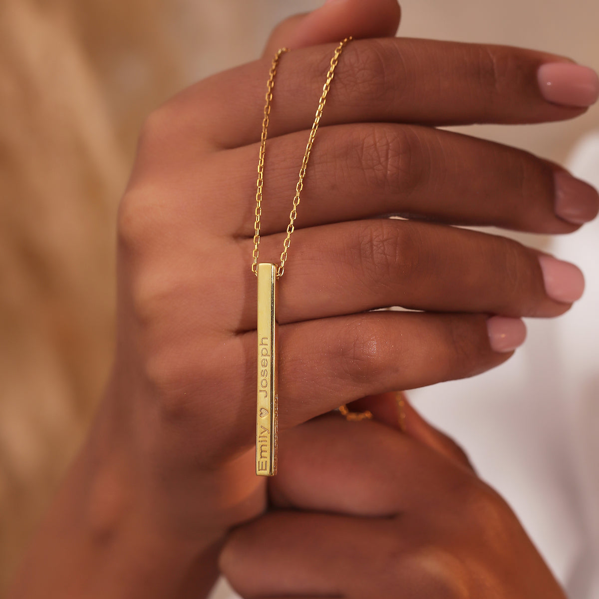 Personalized 4-sided engraved vertical bar necklace, handmade by Artizian