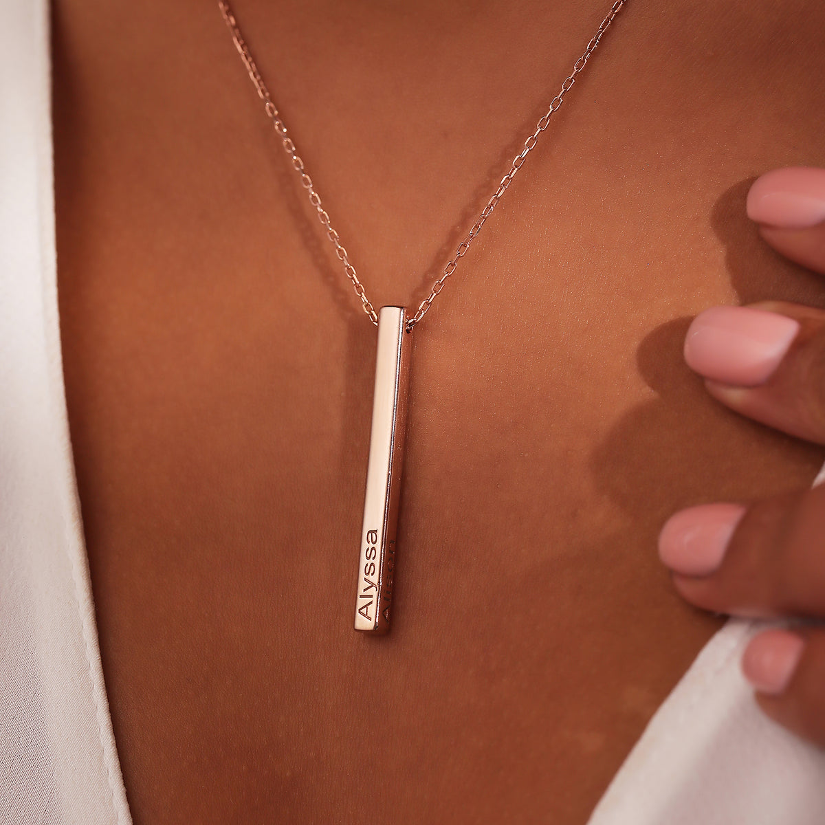 Personalized 4-sided engraved vertical bar necklace, a personalized jewelry gift