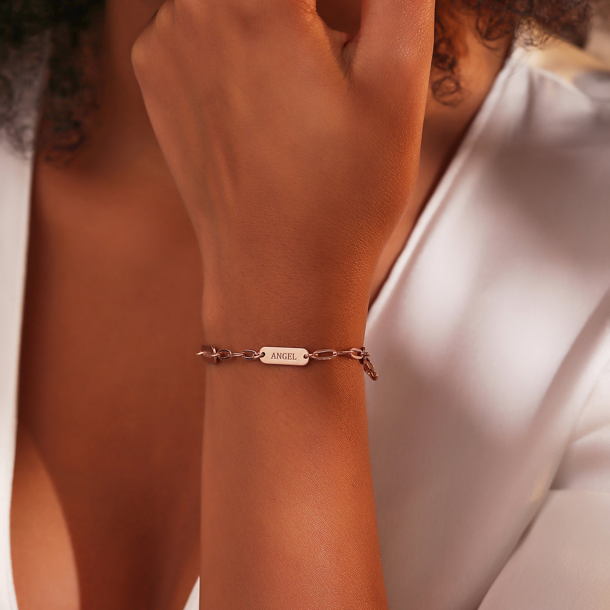 Paperclip chain bracelet with personalized engraved charms, handmade by Artizian