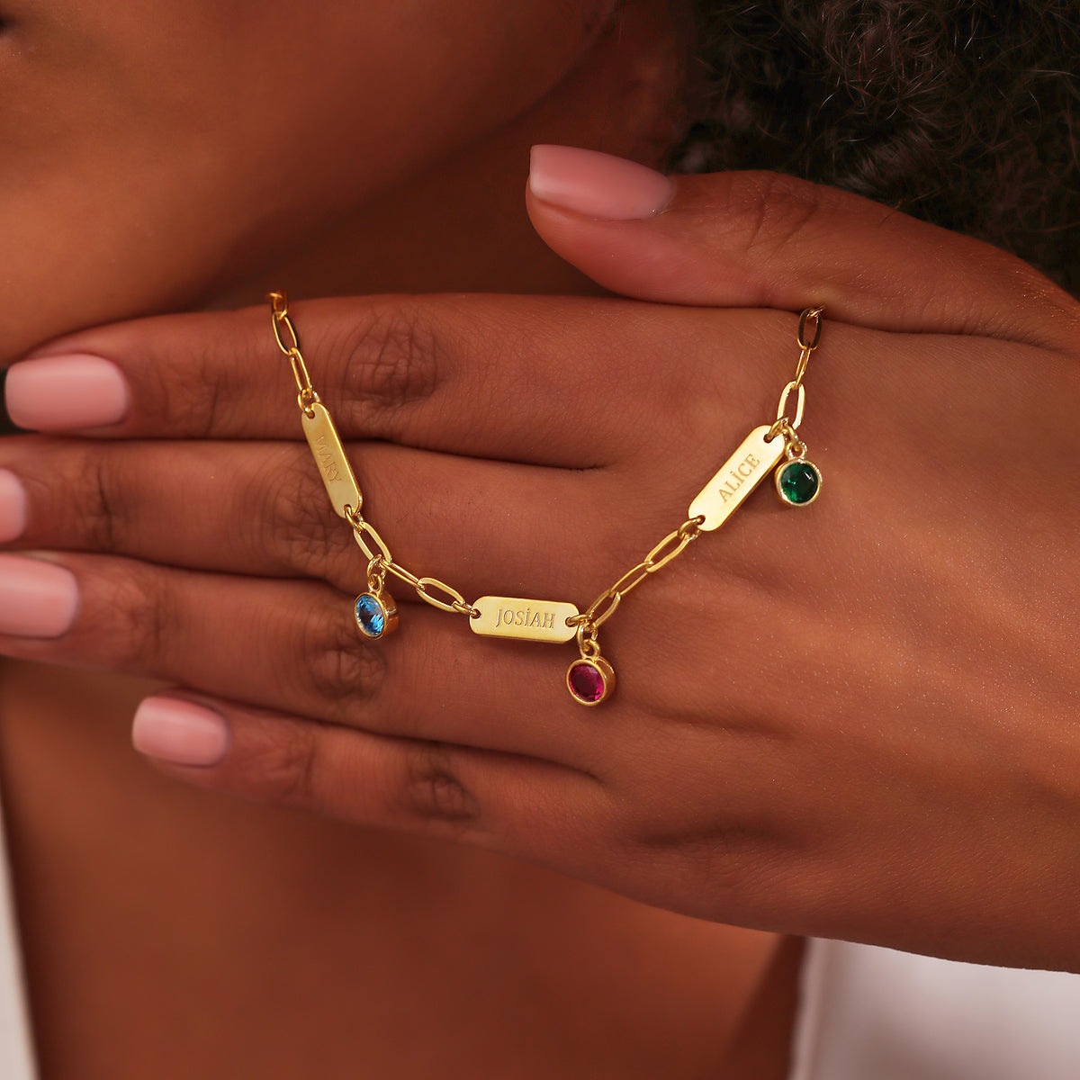 Paperclip chain bracelet with birthstone charms, handmade by Artizian