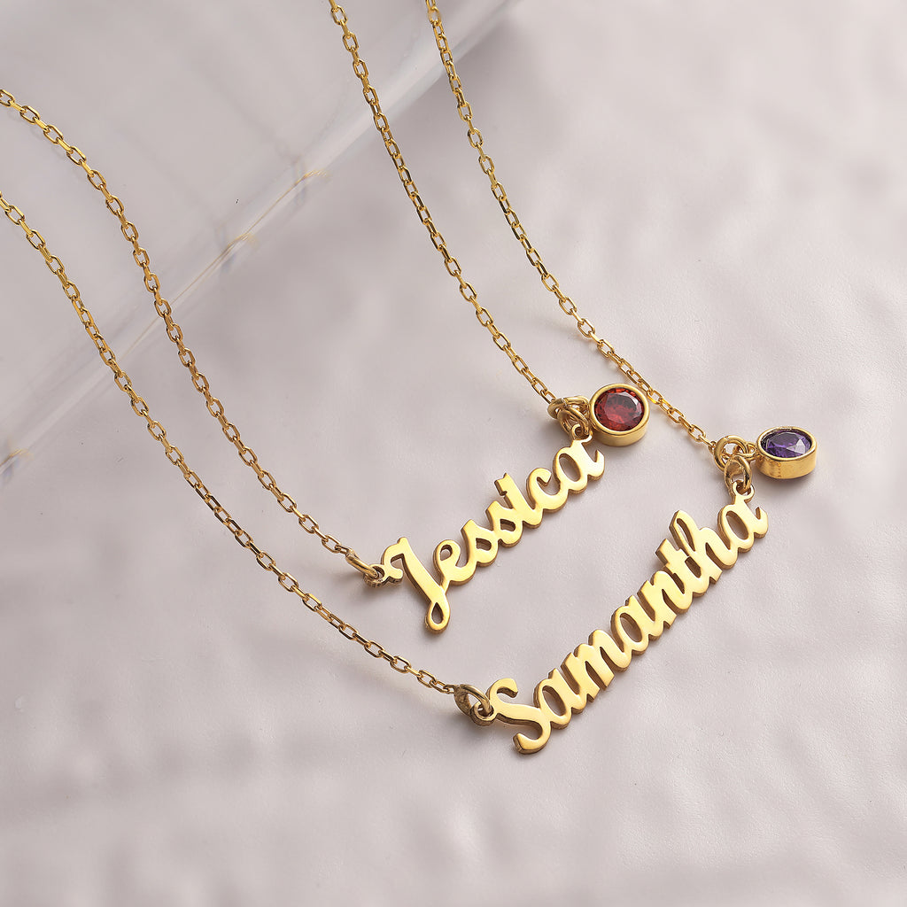 Script name necklace with birthstone, crafted in the Artizian studio