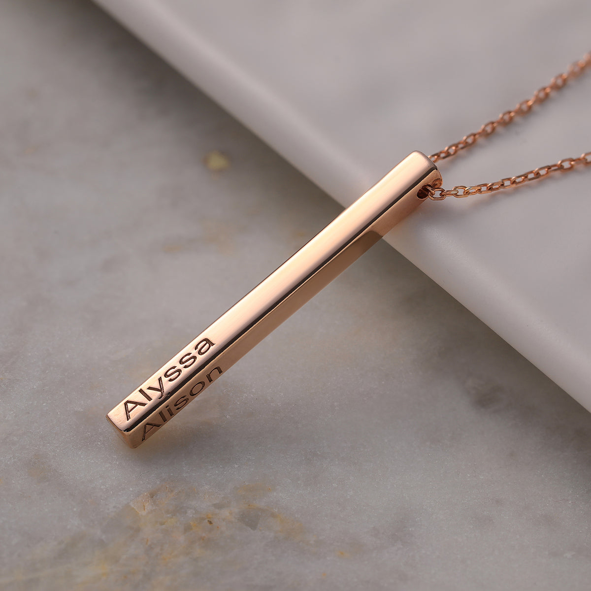 Personalized 4-sided engraved vertical bar necklace, handmade by Artizian