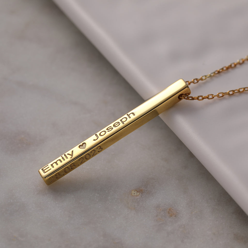 Personalized 4-sided engraved vertical bar necklace, made to order