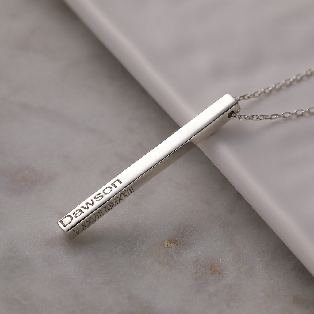 Personalized 4-sided engraved vertical bar necklace, crafted in the Artizian studio