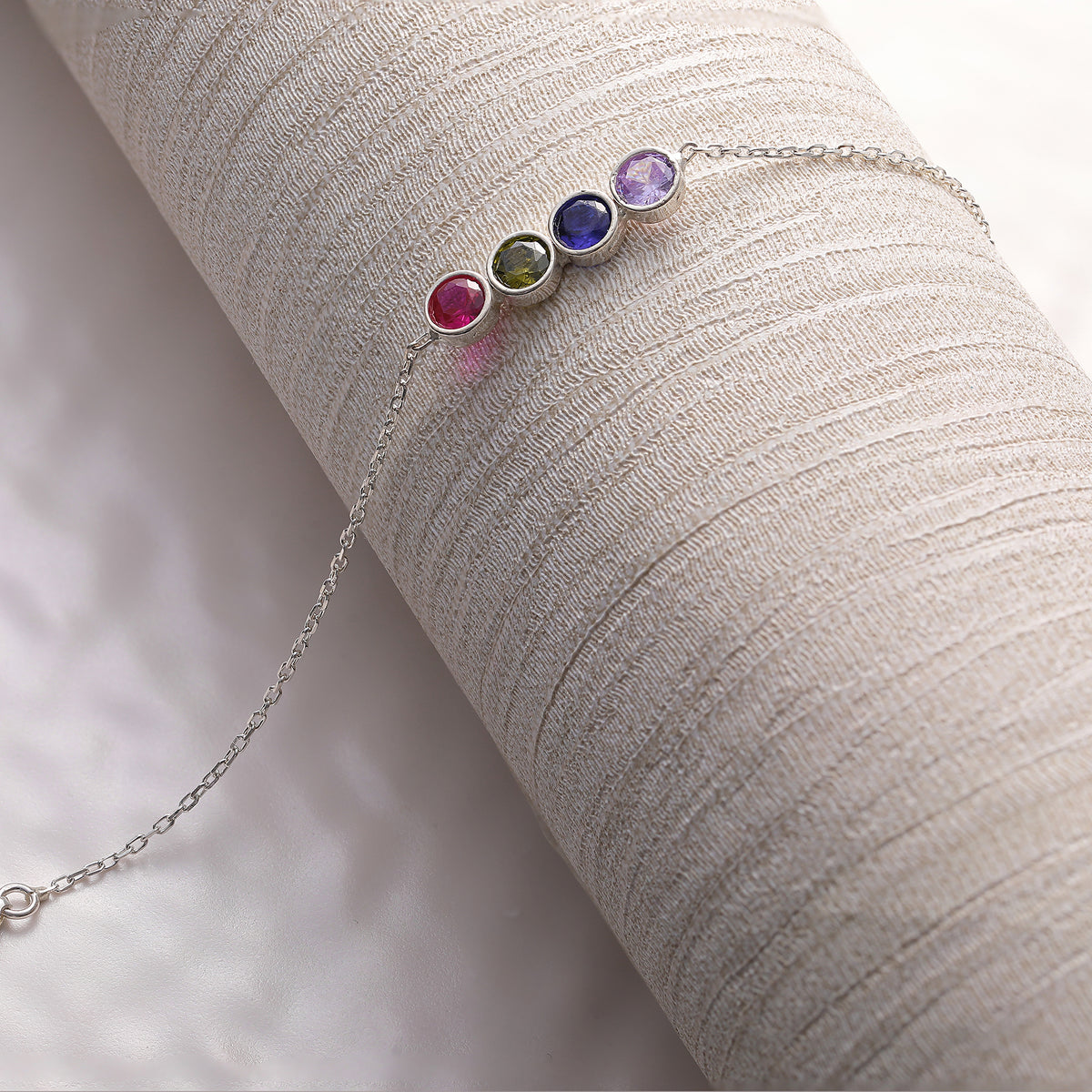 Dainty 925 sterling silver birthstone bracelet with circle charms, crafted in the Artizian studio