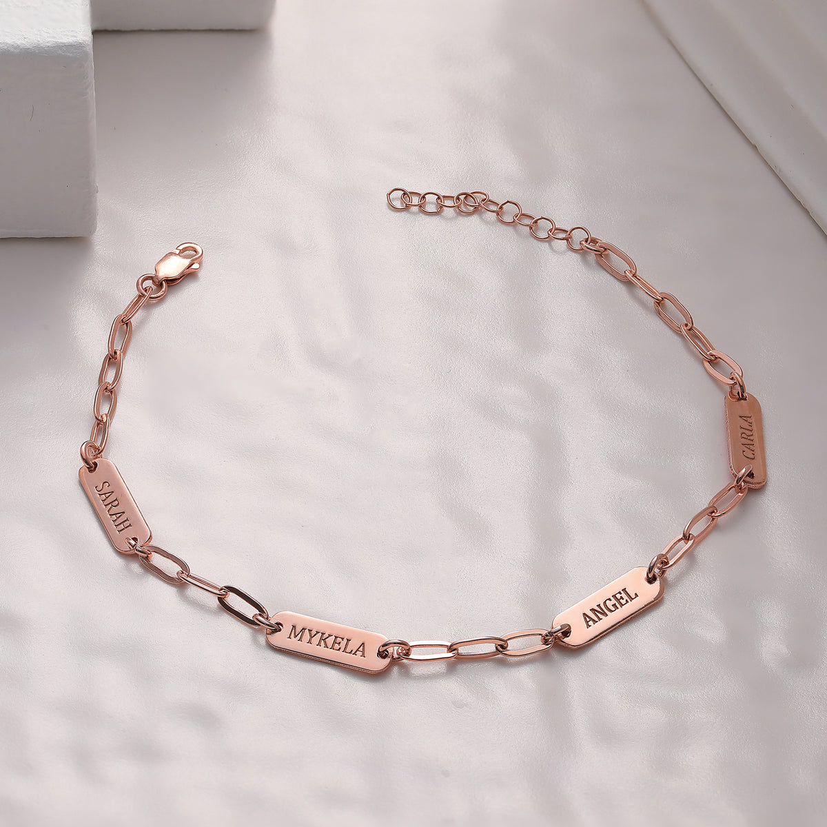 Paperclip chain bracelet with personalized engraved charms, handmade by Artizian