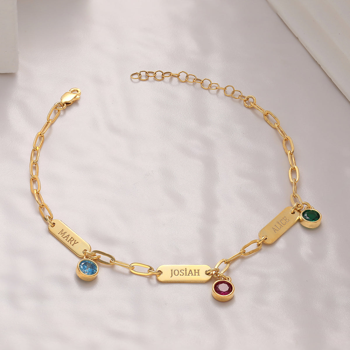Paperclip chain bracelet with birthstone charms, a personalized jewelry gift